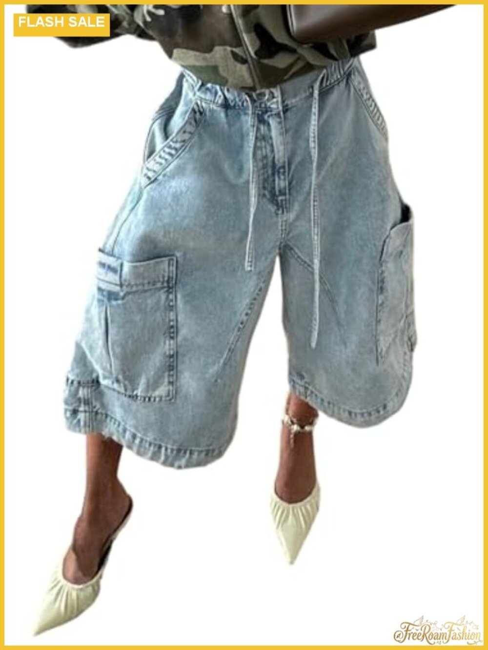 Women's Camo Cargo Jeans Wide Leg Pleated Baggy Y2K Streetwear Shorts